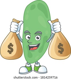 A humble rich thermus thermophilus caricature character design with money bags. Vector illustration