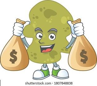 A humble rich verrucomicrobia caricature character design with money bags. Vector illustration