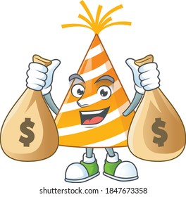 A humble rich yellow party hat caricature character design with money bags. Vector illustration