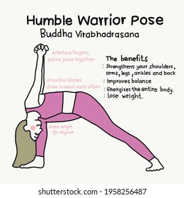 Humble Warrior yoga pose and benefits cartoon vector illustration	