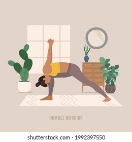 Humble warrior Yoga pose. Young woman practicing yoga  exercise. Woman workout fitness, aerobic and exercises. Vector Illustration.