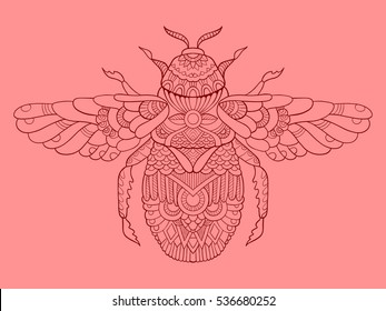 Humble-bee color drawing vector illustration. Tattoo stencil. Lace pattern