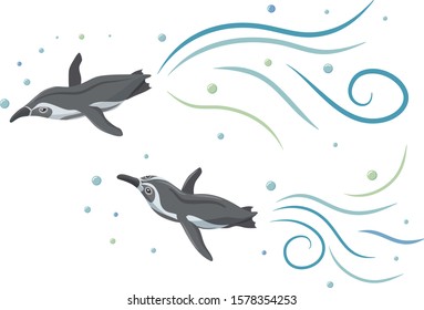Humboldt penguins swimming like flying in the sky with water flow and bubbles.