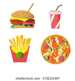 Humburger, soda, pizza and fries. Red, yellow, green, white. Tasty fast food for dinner.