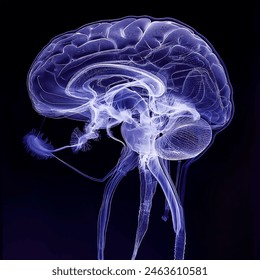 Humen brain  x-ray film on a dark blue background, side view, Healthcare and medicine concept.