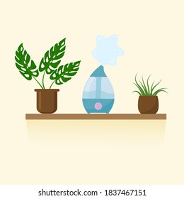 Humidifier air diffuser and houseplants on the shelf. Purifier microclimate ultrasonic home concept, healthy humidity. Vector flat illustration.