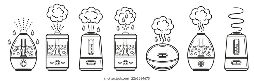 Luftfeuchtigkeitsregler, Hausreiniger mit Dampf-Linie Icon Set. Feuchtigkeitskontrolle im Wohnraum Aroma-Diffusor. Elektrisches sauberes Gerät. Wasserdampf befeuchtet Haushaltsgeräte. Rahmenvektor