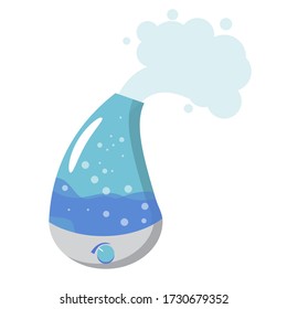 Humidifier device in blue color. Electronic gadget to moisture indoor air for healthy breathing. Health care equipment in flat isolated vector. Water, bubbles and steam. Household appliance.