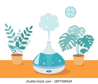 Humidifier with home plants on the table in the room. Ultrasonic device, air aromatization. Vector illustration in cartoon style.