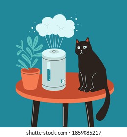 Humidifier with house plant and black cat. Air cleaner, vaporizer. The cat is afraid of steam. Vector illustration in flat cartoon style