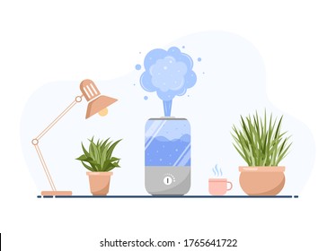 Humidifier with house plants. Equipment for home or office. Ultrasonic air purifier in the interior. Cleaning and humidifying device. Modern vector illustration in flat cartoon style.