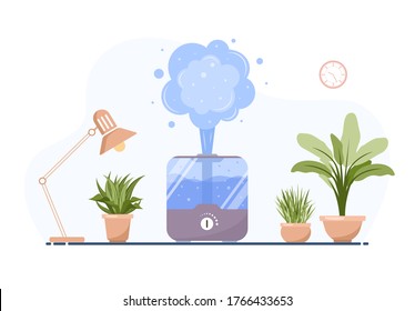 Humidifier with house plants. Equipment for home or office. Ultrasonic air purifier in the interior. Cleaning and humidifying device. Modern vector illustration in flat cartoon style.