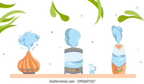 Humidifier with house plants. Equipment for home or office. Ultrasonic air purifier in the interior. Cleaning and humidifying device. Modern vector illustration in flat cartoon style.