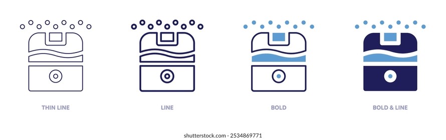 Befeuchter Symbol in 4 verschiedenen Stilen. Dünne Linie, Linie, Fett und Fette Linie. Duotone-Stil. Bearbeitbarer Strich.