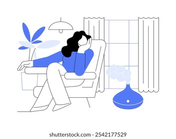 Ilustrações isoladas do vetor de desenhos animados em umidificador. Garota mantém o nível saudável de umidade em apartamentos, tecnologia moderna, purificação do ar, ambiente de casa, difusor vetor desenhos animados.