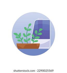 Humidifier moustring houseplants, flat vector illustration isolated on white background. Home humidifier device for smoothing and moisturising air atmosphere.