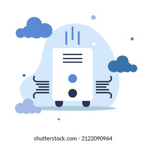 Humidifier on abstraction liquid background. Equipment for home or office. Ultrasonic air purifier in the interior. Cleaning and humidifying device. Modern vector illustration in flat cartoon style.