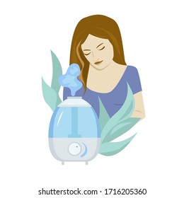 Humidifier on the background of a girl or woman and plants. Vector illustration. Isolated on a white background.