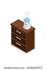 A humidifier on a bedside table in an isometric style on white background. vector Illustration. Stock illustration