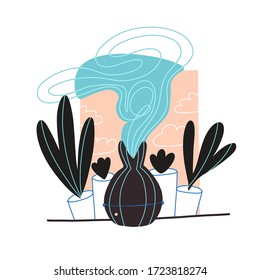 Humidifier on home window backround besides the pots with plants. Modern hand drawn flat vector stock illustration. Home climate control concept.