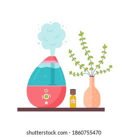 Humidifier on the shelf with aromatic oil. Fresh air for plants. Microclimatic ecological home appliances for a healthy lifestyle. Modern vector flat illustration