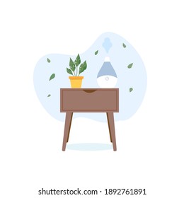 The humidifier on the table with a house plant. Equipment for home or office. Ultrasonic air purifier in the interior. Concept Fresh air.Vector illustration.