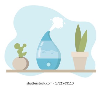 humidifier stands on a shelf with plants.  add steam to the air.  breathe moist air.