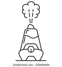 Humidificador con chorro de vapor. Icono lineal difusor de dispositivo electrónico o purificador.Aislado en un fondo azul. Dibujo vectorial del ionizador de contorno.