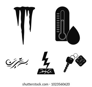 Humidity, icicles, thunderbolt, windy weather. Weather set collection icons in black style vector symbol stock illustration web.