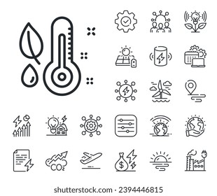 Humidity and leaf sign. Energy, Co2 exhaust and solar panel outline icons. Thermometer line icon. Moisture symbol. Thermometer line sign. Eco electric or wind power icon. Green planet. Vector