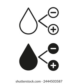 Humidity level adjustment icons. Water drop with plus and minus signs. Humidifier control symbols. Vector illustration. EPS 10.