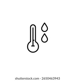 Humidity level symbol with thermometer and water drops. Minimalist monoline icon for weather forecast indicating high humidity. Isolated on white background.