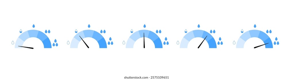 Humidity meter with indicator, and water drops showing different humidity levels. Flat design for climate control and air quality concepts.