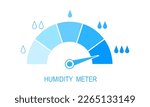 Humidity meter. Measuring dashboard with arrow and water drops with different levels of liquid. Hygrometer visualization. Climate control tool isolated on white background. Vector flat illustration