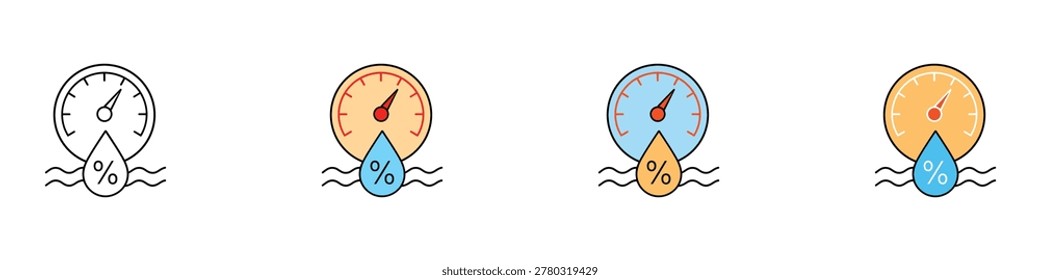 Humidity meter and water level measurement icon set. Vector illustration of a hygrometer gauge with a water drop percentage symbol in outline and colorful flat styles for weather monitoring.
