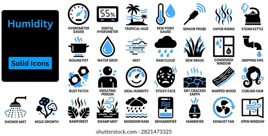 Humidity solid icon set on white background 