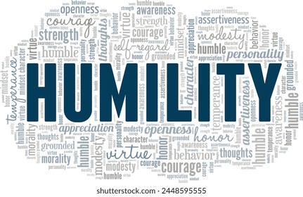 Diseño conceptual de nube de palabras de humildad aislado sobre fondo blanco.