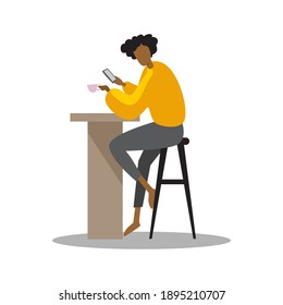 humman coffe break illustration sitting on chair with handphone ond hand and coffee for illustrtion background with yelow cloth simple figure