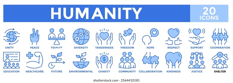 Hummanity icon collection set.Containing community, justice, freedom, equality, unity, support, and collaboration icon. Simple blue vector illustration.	