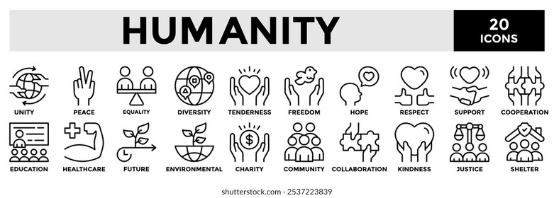 Hummanity icon collection set.Containing community,justice,freedom,equality,unity,support,collaboration icon.Simple line vector illustration