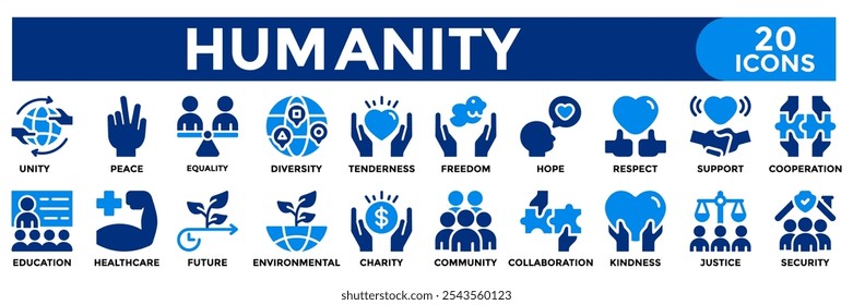 Coleção de ícones de humanidade set.Contendo comunidade,justiça,liberdade,igualdade,unidade,suporte,ícone de colaboração.Ilustração simples de vetor plano.