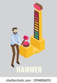 Hummer arcade game machine. Young man testing his physical strength, flat vector isometric illustration. Game club, room, zone attractions, fun activities, entertainment. Arcade gaming.