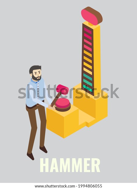 Hummer\
arcade game machine. Young man testing his physical strength, flat\
vector isometric illustration. Game club, room, zone attractions,\
fun activities, entertainment. Arcade\
gaming.