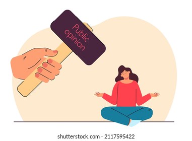 Hummer under girl sitting on floor as symbol of public opinion. Woman sitting in lotus position, paying no attention to peoples opinion. Society concept for banner, website design or landing web page