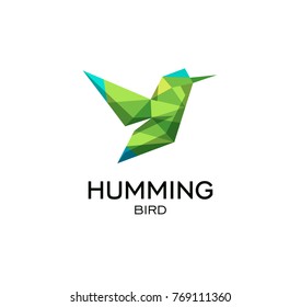 Hummig bird geometrical sign, calibri abstract polygonal vector logo template. Origami green color low poly wild animal icon.