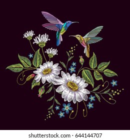 Humming bird and chamomile embroidery. Beautiful hummingbirds and white chamomile embroidery on black background. Template for clothes, textiles, t-shirt design 