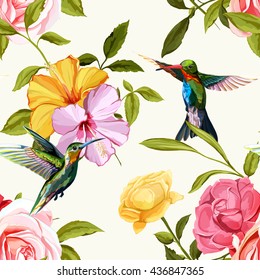 Humming bird, chinese and classic roses on white. Seamless background pattern. Hand drawn elements. Vector - stock.