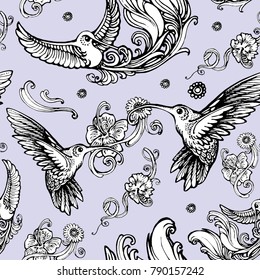 humming bird floral vector seamless pattern  