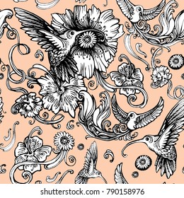 humming bird floral vector seamless pattern  