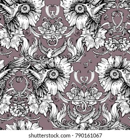 humming bird floral vector seamless pattern  